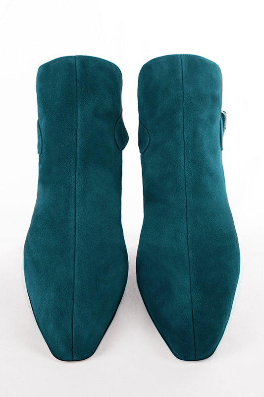 Women's peacock blue elegant ankle boots, with buckles at the back. Square toe. High kitten heels - Top view